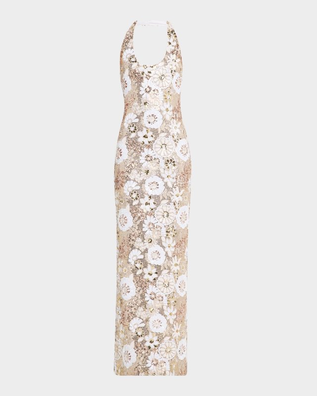 Tiffany Floral Sequin Halter Column Gown